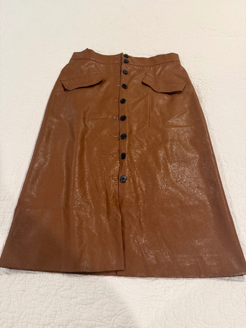 H&M Brown Faux Leather Button Front Midi Skirt Size 10